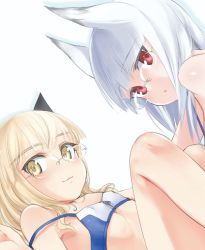 Rule 34 | 2girls, animal ears, aohashi ame, bikini, blonde hair, blue bikini, blunt bangs, blush, breasts, cat ears, closed mouth, commentary request, glasses, heidimarie w. schnaufer, knees up, long hair, looking at viewer, lying, multiple girls, on back, parted lips, perrine h. clostermann, rimless eyewear, silver hair, simple background, small breasts, smile, strap slip, strike witches, swimsuit, white background, world witches series, yellow eyes