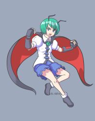 Rule 34 | 1girl, antennae, black footwear, blue eyes, blue shorts, breasts, cape, d:, d:&lt;, dated, gauntlets, gloves, green hair, profitshame, shirt, shoes, shorts, small breasts, solo, touhou, v-shaped eyebrows, white shirt, wriggle nightbug