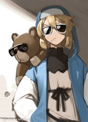 Rule 34 | 1boy, akisa yositake, blonde hair, bridget (guilty gear), candy, closed mouth, commentary request, food, guilty gear, guilty gear strive, hair between eyes, hand in pocket, hood, hood up, hooded jacket, jacket, lollipop, long hair, long sleeves, looking at viewer, on shoulder, signature, stuffed animal, stuffed toy, sunglasses, teddy bear, trap, twitter username, upper body