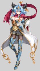 Rule 34 | 1girl, armor, artist request, blue footwear, blue hair, boots, braid, breasts, buckler, cleavage, epic seven, full body, greaves, highres, holding, holding sword, holding weapon, large breasts, red eyes, red scarf, scarf, shadow rose (epic seven), shield, solo, standing, standing on one leg, sword, weapon