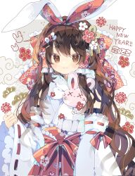 Rule 34 | 1girl, 2023, animal ears, bare shoulders, blush, bow, brown eyes, brown hair, closed mouth, corrupted twitter file, detached sleeves, fake animal ears, hair bow, hair tubes, hakama, hakurei reimu, happy new year, highres, japanese clothes, long hair, miko, new year, nikorashi-ka, rabbit ears, red bow, red hakama, ribbon-trimmed sleeves, ribbon trim, scarf, sidelocks, smile, solo, touhou, upper body, white scarf, white sleeves, wide sleeves