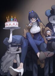 Rule 34 | 1girl, 3others, birthday, birthday cake, blue eyes, blue hair, butler, cake, coat, food, hair intakes, happy birthday, high heels, highres, hololive, hololive english, human chair, human furniture, kronie (ouro kronii), long sleeves, maid, multiple girls, multiple others, ouro kronii, pants, sitting, sitting on person, trench coat, turtleneck, virtual youtuber, zedd (zedgawr)