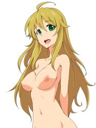 Rule 34 | 1girl, ahoge, arms behind back, bad id, bad twitter id, blonde hair, breasts, clearite, green eyes, highres, hoshii miki, idolmaster, idolmaster (classic), long hair, looking at viewer, navel, nipples, nude, open mouth, out-of-frame censoring, solo, white background