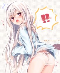 Rule 34 | !, !!, 1girl, ^^^, ass, ass cutout, assisted exposure, backless panties, blush, bow, butt crack, clothes lift, clothing cutout, furrowed brow, kasako (komeshiro kasu), komeshiro kasu, lace, lace-trimmed panties, lace panties, lace trim, lifting another&#039;s clothes, long hair, off-shoulder, off-shoulder sweater, off shoulder, open mouth, original, panties, red eyes, solo focus, sweater, sweater lift, tears, underwear, very long hair, white bow, white hair