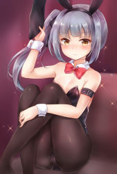Rule 34 | 1girl, alternate costume, animal ears, arm up, bare shoulders, black hairband, black leotard, black pantyhose, black ribbon, blunt bangs, blush, bow, bowtie, breasts, brown eyes, closed mouth, collar, commentary request, crossed legs, detached collar, fake animal ears, grey hair, hair ribbon, hairband, kantai collection, kasumi (kancolle), knees up, leotard, long hair, looking at viewer, nikoo, pantyhose, playboy bunny, rabbit ears, red bow, red bowtie, ribbon, side ponytail, sitting, small breasts, solo, sparkle, strapless, strapless leotard, thighs, wavy mouth, white collar, wing collar, wrist cuffs