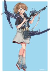 Rule 34 | 1girl, absurdres, aircraft, aircraft request, airplane, apron, bad id, bad pixiv id, black shirt, blue background, blue eyes, bolt action, boots, brown hair, flight deck, full body, grey neckwear, grey skirt, gun, highres, intrepid (kancolle), kantai collection, long hair, m1903 springfield, miniskirt, multicolored neckerchief, neck pillow, neckerchief, ponytail, rifle, sagoromo 04, shirt, skirt, solo, two-tone background, weapon, white background, white neckwear