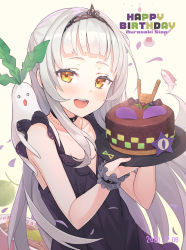 Rule 34 | 1girl, absurdres, birthday cake, black choker, black dress, blunt bangs, blush, cake, character name, chocolate cake, choker, commentary, daikon, dated, dress, english text, flat chest, food, fruit, hair bun, happy birthday, highres, holding, holding plate, hololive, long hair, looking at viewer, melon, murasaki shion, noodles, open mouth, orange eyes, petals, plate, radish, ramen, side bun, silver hair, simple background, single hair bun, single side bun, sleeveless, sleeveless dress, smile, solo, straight hair, sushi, symbol-only commentary, tam-u, tiara, upper body, virtual youtuber, white background, wrist cuffs