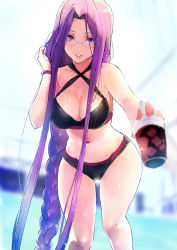 Rule 34 | 1girl, bare shoulders, bikini, black bikini, blurry, blurry background, bracelet, braid, breasts, cleavage, collarbone, criss-cross halter, cup, fate/stay night, fate (series), halterneck, hand in own hair, highres, hip focus, holding, holding cup, jewelry, large breasts, long braid, long hair, looking at viewer, medusa (fate), medusa (rider) (fate), navel, official alternate costume, outstretched arm, parted bangs, purple eyes, purple hair, single braid, smile, solo, square pupils, swimsuit, taishi (picchiridou), thighs, very long hair, wet
