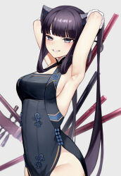 Rule 34 | 1girl, armpits, arms up, bare shoulders, black dress, blue eyes, blunt bangs, breasts, china dress, chinese clothes, cleavage, detached sleeves, dress, fate/grand order, fate (series), flute, grin, hair ornament, highres, instrument, large breasts, long hair, looking at viewer, pipa (instrument), purple hair, side slit, sideboob, sidelocks, smile, solo, sumi (gfgf 045), twintails, very long hair, yang guifei (fate), yang guifei (second ascension) (fate)