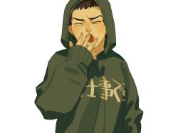 Rule 34 | 1girl, androgynous, brown hair, chengongzi123, closed eyes, covering own mouth, facing viewer, genderswap, genderswap (mtf), golden kamuy, green hoodie, hand over own mouth, hand up, highres, hood, hood up, hoodie, open mouth, short hair, simple background, sleeves past wrists, solo, tsukishima hajime, upper body, white background, yawning