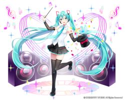Rule 34 | 1girl, :d, absurdly long hair, black footwear, black hat, black skirt, blue eyes, blue hair, blue nails, blue necktie, boots, detached sleeves, floating hair, full body, hair between eyes, hair ornament, hat, hatsune miku, headphones, holding, holding clothes, holding hat, kotepen 2nd, long hair, looking at viewer, microphone, miniskirt, musical note, nail polish, necktie, one eye closed, open mouth, pleated skirt, shirt, simple background, skirt, sleeveless, sleeveless shirt, smile, solo, standing, standing on one leg, tattoo, thigh boots, thighhighs, twintails, unworn hat, unworn headwear, very long hair, vocaloid, white background, white shirt