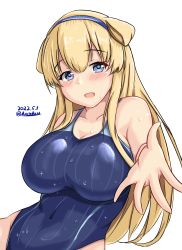 Rule 34 | 1girl, blonde hair, blue headband, blue one-piece swimsuit, blush, breasts, cleavage, collarbone, competition swimsuit, covered navel, dated, fletcher (kancolle), headband, highres, kantai collection, large breasts, long hair, montemasa, one-piece swimsuit, purple eyes, reaching, reaching towards viewer, swimsuit, twitter username, wet, wet clothes, wet swimsuit, white background
