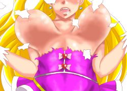 Rule 34 | 1girl, absurdres, asahina mirai, blonde hair, blush, breasts, convenient censoring, cure miracle, dress, earrings, gloves, head out of frame, highres, huge breasts, jewelry, long hair, mahou girls precure!, open mouth, pink dress, precure, sacaprico, saliva, simple background, solo, torn clothes, torn dress, unaligned breasts, veins, veiny breasts, wardrobe malfunction, white background