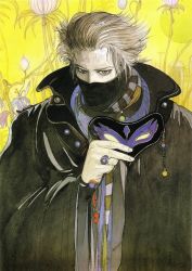 Rule 34 | 1boy, amano yoshitaka, beads, black cloak, book of the new sun, cloak, popped collar, cover, cover page, covered mouth, flower, grey eyes, hair slicked back, highres, jewelry, male focus, mask, unworn mask, mouth mask, novel cover, official art, pale skin, popped collar, ring, scarf, severian, silver hair, solo, traditional media, yellow background
