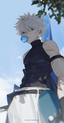 Rule 34 | 1boy, arm strap, belt, black belt, black gloves, blue eyes, blowing bubbles, covered navel, gloves, hair behind ear, highres, hunter x hunter, k00s, killua zoldyck, leaning back, looking at viewer, male focus, pants, parted lips, pectorals, sky, solo, white hair, white pants