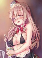 Rule 34 | 10s, 1girl, :d, alcohol, bare shoulders, beer, bikini, bikini top only, black bikini, blonde hair, blurry, blush, bottle, bottomless, bow, bowtie, breast press, breasts, brown eyes, cleavage, cup, depth of field, drinking glass, drunk, eyebrows, eyelashes, flower, foam, hair between eyes, hat, holding, holding bottle, kantai collection, large breasts, light brown hair, long hair, looking at viewer, milkshakework, mini hat, navel, open mouth, pola (kancolle), red bow, red bowtie, red flower, red rose, rose, skirt, smile, solo, swimsuit, unaligned breasts, upper body, very long hair, yellow eyes