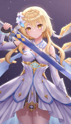 Rule 34 | 1girl, bare shoulders, black gloves, blonde hair, blush, breasts, brown eyes, cleavage, closed mouth, commentary request, cowboy shot, detached sleeves, dress, flower, genshin impact, gloves, hair between eyes, hair flower, hair ornament, hand up, highres, holding, holding sword, holding weapon, long hair, long sleeves, looking at viewer, lumine (genshin impact), medium breasts, partially fingerless gloves, seungju lee, smile, solo, sword, weapon, white dress, white flower, white sleeves
