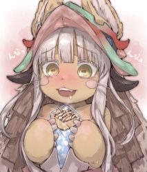 Rule 34 | 1other, androgynous, animal ears, blunt bangs, blush, body fur, brown fur, commentary, crepe, drooling, fake horns, fangs, food, furry, green eyes, grey hair, helmet, holding, holding food, horizontal pupils, horned helmet, horns, kukai, looking at food, looking down, made in abyss, nanachi (made in abyss), open mouth, rabbit ears, short hair with long locks, sidelocks, solo, upper body, whiskers, wide-eyed