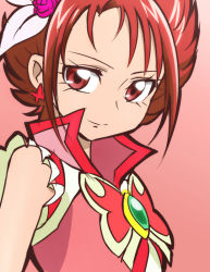 Rule 34 | 00s, 1girl, butterfly ornament, collared shirt, cure rouge, frills, hair ornament, jewelry, magical girl, natsuki rin, oimanji, precure, red background, red eyes, red hair, shirt, short hair, short sleeves, simple background, smile, solo, yes! precure 5, yes! precure 5 gogo!