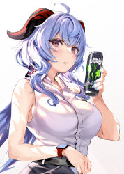 Rule 34 | 1girl, ahoge, bare shoulders, blouse, blue hair, blush, breasts, can, energy drink, ganyu (genshin impact), genshin impact, highres, horns, large breasts, long hair, looking at viewer, purple eyes, shirt, simple background, solo, temir, white background, white shirt