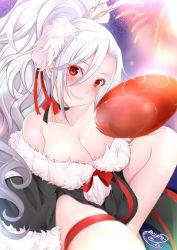 Rule 34 | 1girl, absurdres, azur lane, bare shoulders, black kimono, breasts, fireworks, fur-trimmed kimono, fur-trimmed sleeves, fur trim, hair between eyes, hair ornament, hair stick, highres, japanese clothes, kimono, large breasts, liquid, long hair, looking at viewer, mole, mole under eye, multicolored clothes, multicolored kimono, new year, obijime, off shoulder, official alternate costume, origami aya, pouring, pouring onto self, prinz heinrich (azur lane), prinz heinrich (fireworks and tapestries) (azur lane), red eyes, red ribbon, ribbon, signature, smile, solo, thigh strap, very long hair, white hair