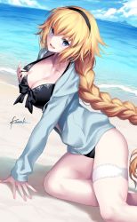 Rule 34 | 1girl, alternate costume, beach, bikini, black bikini, black hairband, blonde hair, blue eyes, blue sky, blue sweater, braid, breasts, cardigan, cleavage, cloud, collarbone, day, fate/grand order, fate (series), front-tie top, hair between eyes, hairband, hand on own chest, hands on ground, jeanne d&#039;arc (fate), jeanne d&#039;arc (ruler) (fate), jeanne d&#039;arc (swimsuit archer) (fate), jeanne d&#039;arc (swimsuit archer) (first ascension) (fate), kousaki rui, large breasts, long braid, long hair, looking at viewer, ocean, open cardigan, open clothes, open mouth, sand, signature, single braid, sitting, sky, solo, sweater, swimsuit, thigh strap, very long hair, waves