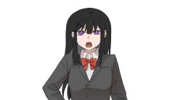 Rule 34 | 1girl, annoyed, black hair, black jacket, bright pupils, chinese commentary, collared shirt, commentary request, highres, inoue takina, jacket, long hair, long sleeves, looking at viewer, lycoris recoil, open mouth, purple eyes, school uniform, shirt, simple background, solo, upper body, v-shaped eyebrows, white background, white pupils, white shirt, yanlingjinshilihuahua