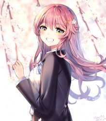 Rule 34 | 1girl, black jacket, blazer, blue bow, blue skirt, blurry, blurry background, blush, bow, braid, breasts, cherry blossoms, collared shirt, commentary, dated, depth of field, floating hair, flower, green eyes, grin, hair flower, hair ornament, hairclip, hand up, highres, jacket, long hair, long sleeves, looking at viewer, looking to the side, mole, mole under eye, open jacket, open clothes, open jacket, original, pink hair, plaid, plaid skirt, school uniform, shirt, signature, skirt, small breasts, smile, solo, spring (season), upper body, very long hair, white flower, white shirt, x hair ornament, xes (xes 5377)