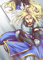 Rule 34 | 1girl, armor, armored dress, black gloves, black thighhighs, blonde hair, blue dress, blue eyes, boots, breastplate, charlotte christine de colde, dress, elbow gloves, elbow pads, fighting stance, gloves, hair ribbon, knee pads, long hair, low-tied long hair, open mouth, pauldrons, rapier, ribbon, samurai spirits, shoulder armor, solo, sword, tabard, thigh boots, thighhighs, uzura (suzukane), weapon