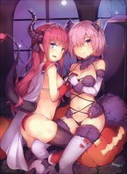 Rule 34 | 10s, 2girls, :c, animal ears, artist name, ass, bare shoulders, between legs, black legwear, blush, bow, breasts, cape, cleavage, closed mouth, coffin, cross-laced clothes, dragon girl, dragon tail, elbow gloves, elizabeth bathory (brave) (fate), elizabeth bathory (fate), fate/extra, fate/extra ccc, fate/grand order, fate (series), female focus, frown, fur-trimmed gloves, fur trim, gloves, hair over one eye, hairband, halloween, halloween costume, hand on another&#039;s chest, high heels, highres, holding hands, horns, indoors, jack-o&#039;-lantern, jewelry, kimoshi, large breasts, light purple hair, long hair, looking at viewer, looking back, mash kyrielight, mash kyrielight (dangerous beast), matching hair/eyes, medium breasts, midriff, moon, multiple girls, navel, night, night sky, official alternate costume, open mouth, pointy ears, pumpkin, purple eyes, red bow, red hair, revealing clothes, short hair, sideboob, silver hairband, sitting, sky, tail, thighhighs, type-moon, underwear, white cape, white footwear, white gloves, white high heels, window, wolf ears, wolf tail, yuri