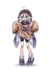 Rule 34 | 1girl, :o, bike shorts, black hair, blue eyes, blue hair, brown shirt, commentary, cross-laced footwear, full body, inkling, inkling girl, inkling player character, long hair, mole, mole under eye, nintendo, oversized clothes, oversized shirt, print shirt, purple footwear, shirt, shoes, simple background, sleeves past wrists, solo, splatoon (series), standing, stitches, symbol-only commentary, thenintlichen96, white background