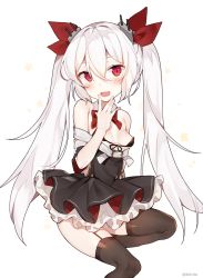 Rule 34 | 1girl, ascot, azur lane, bad id, bad pixiv id, belt, black thighhighs, blush, bra, breasts, fang, garter belt, hair ornament, hair ribbon, hand on own face, kurut, looking at viewer, open mouth, red eyes, ribbon, silver hair, sitting, skirt, small breasts, solo, thighhighs, twintails, underwear, vampire (azur lane), white background