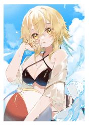 Rule 34 | 1girl, ball, bare shoulders, beachball, blonde hair, blue sky, blush, breasts, cleavage, collarbone, commentary request, genshin impact, highres, holding, holding ball, looking at viewer, lumine (genshin impact), medium breasts, nail polish, new gnsn, open mouth, orange nails, short hair with long locks, sidelocks, sky, solo, wet, wet clothes, wet hair