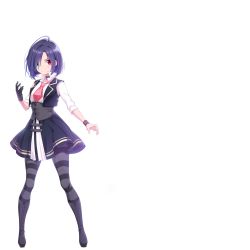 Rule 34 | 1girl, black gloves, boots, breasts, choker, closed mouth, collared shirt, feet, female focus, full body, gloves, hand up, heterochromia, highres, kurosaki mei, legs, legs apart, looking at viewer, medium hair, necktie, omega labyrinth, omega labyrinth life, original, pantyhose, purple hair, school uniform, serious, shirt, single glove, skirt, sleeves rolled up, small breasts, solo, standing, striped clothes, striped pantyhose, thighs, transparent background, u35