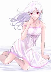Rule 34 | 1girl, absurdres, arm support, bare shoulders, barefoot, bed sheet, bow, breasts, closed mouth, collarbone, commentary, curled fingers, dress, dress bow, dress ribbon, eyelashes, hand on own face, highres, light smile, lips, living hair, long hair, looking at viewer, monogatari (series), nightgown, on bed, pink bow, pink ribbon, red eyes, ribbon, sengoku nadeko, short dress, sitting, sleeveless, sleeveless dress, small breasts, smile, snake hair, solo, spaghetti strap, spoilers, strap slip, takamiya2222, white background, white dress, white hair, white nightgown, yokozuwari