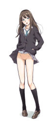 Rule 34 | 1girl, :o, aqua neckwear, black legwear, black sweater, blue eyes, brown hair, buttons, cleft of venus, collared shirt, diagram, full body, grey skirt, hands in pockets, idolmaster, idolmaster cinderella girls, jewelry, kaburagi yuki, kneehighs, loafers, long hair, long sleeves, looking at viewer, miniskirt, necklace, no panties, nude filter, pleated skirt, pussy, school uniform, shibuya rin, shirt, shoes, simple background, skirt, solo, standing, striped, striped neckwear, sweater, third-party edit, uncensored, upskirt, white background, white shirt
