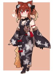 Rule 34 | 1girl, animal ears, anthuria, anthuria (yukata), bare shoulders, black bow, black kimono, black sleeves, black socks, blush, bow, breasts, brown background, brown footwear, brown hair, cleavage, closed mouth, detached sleeves, erune, floral print, gloves, gradient hair, granblue fantasy, hair bow, highres, i.u.y, japanese clothes, kimono, light brown hair, long sleeves, looking at viewer, multicolored hair, print kimono, red eyes, sandals, single glove, sleeves past wrists, small breasts, smile, socks, solo, tabi, two-tone background, white background, wide sleeves, zouri