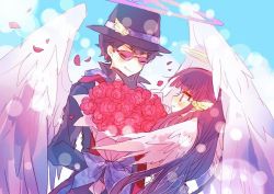 Rule 34 | 1boy, 1girl, angel, angel wings, black hair, black headwear, blue bow, blush, bouquet, bow, character request, closed eyes, feathered wings, flower, glasses, hair ornament, halo, hat, hibi89, hime cut, holding, holding bouquet, long hair, merc storia, petals, porkpie hat, rose, smile, white wings, wings