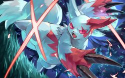 Rule 34 | claws, cloud, commentary request, creatures (company), fangs, game freak, gen 3 pokemon, highres, falling leaves, moon, night, nintendo, no humans, open mouth, outdoors, pink eyes, pokemon, pokemon (creature), sky, solo, tapioka chaso, tongue, tree, white fur, zangoose
