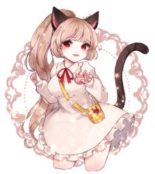 Rule 34 | 1girl, animal ears, arms up, bag, cat ears, cat tail, dress, elin, highres, long hair, open mouth, pink dress, pink hair, ponytail, red eyes, smile, solo, tail, tera online