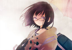 Rule 34 | brown hair, glasses, gloves, manami (artist), original, purple eyes, rain, smile, solo, sugano manami, tears