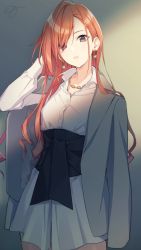 Rule 34 | 1girl, agata (agatha), arisugawa natsuha, black eyes, blazer, chain, chain necklace, commentary request, earrings, highres, idolmaster, idolmaster shiny colors, jacket, jacket on shoulders, jewelry, long hair, long sleeves, looking at viewer, necklace, orange hair, sash, shade, shirt, skirt, solo, white shirt, white skirt