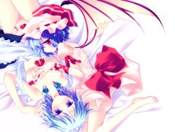 Rule 34 | 2girls, barefoot, bat wings, blue eyes, blue hair, bow, bow bra, bow panties, bra, braid, couple, cover, cover page, feet, frilled panties, frills, gradient background, hand on another&#039;s chest, hat, highres, izayoi sakuya, large bow, lingerie, motomiya mitsuki, multiple girls, non-web source, open clothes, open shirt, panties, pink bra, pink panties, red eyes, remilia scarlet, shirt, short hair, silver hair, touhou, twin braids, underwear, wallpaper, wings, yuri