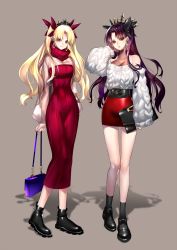 Rule 34 | 2girls, alternate costume, aran sweater, bag, bare shoulders, black footwear, black legwear, black ribbon, blonde hair, breasts, brown eyes, cable knit, cleavage, commentary request, dress, earrings, ereshkigal (fate), fate/grand order, fate (series), hair ribbon, handbag, highres, infinity symbol, ishtar (fate), jewelry, long hair, looking at viewer, medium breasts, multiple girls, off-shoulder, off-shoulder sweater, off shoulder, parted lips, purple hair, rahato, red dress, red ribbon, red skirt, ribbon, see-through, skirt, smile, socks, standing, sweater, tiara, two side up, white sweater