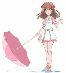 Rule 34 | 1girl, :o, blush, bow, brown eyes, brown hair, commentary request, delicious party precure, dress, hair between eyes, hair bow, hand up, haru (nature life), holding, holding umbrella, long hair, nagomi yui, parted lips, pink footwear, pink shirt, pink umbrella, precure, puffy short sleeves, puffy sleeves, red bow, sailor collar, shirt, shoes, short sleeves, simple background, socks, solo, standing, umbrella, water, white background, white bow, white dress, white sailor collar, white socks, yellow bow