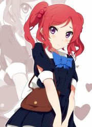 Rule 34 | 10s, 1girl, alternate hairstyle, bag, blush, bow, dress, hair bobbles, hair ornament, handbag, heart, love live!, love live! school idol project, nishikino maki, ogipote, purple eyes, short hair, short twintails, solo, twintails, v arms, zoom layer