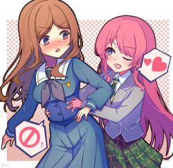 Rule 34 | 2girls, artist name, bang dream!, bang dream! it&#039;s mygo!!!!!, blazer, blue shirt, blue skirt, blush, border, brown hair, chihaya anon, chinese commentary, collared shirt, commentary request, diagonal-striped clothes, diagonal-striped necktie, dress shirt, fang, grabbing another&#039;s stomach, green necktie, green skirt, grey eyes, grey jacket, grey neckerchief, hands on another&#039;s waist, haneoka school uniform, heart, highres, jacket, long hair, long sleeves, multiple girls, nagasaki soyo, neckerchief, necktie, one eye closed, open mouth, pink hair, plaid, plaid skirt, pleated skirt, sailor collar, school uniform, shirt, sidelocks, skirt, spoken heart, striped clothes, tsukinomori school uniform, white border, white sailor collar, white shirt, yuri, zhong xiansheng