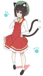 Rule 34 | absurdres, animal ears, black footwear, bow, bowtie, brown eyes, brown hair, cat ears, cat tail, chen, chinese clothes, earrings, footprints, frilled skirt, frills, full body, green headwear, hand on own chest, hat, highres, jewelry, kt kkz, long sleeves, mob cap, multiple tails, nekomata, one-hour drawing challenge, open mouth, red skirt, red vest, shirt, short hair, single earring, skirt, socks, tail, touhou, two tails, vest, white background, white shirt, yellow neckwear