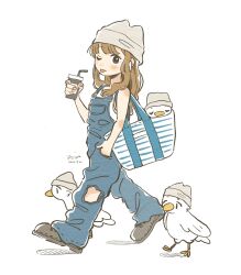 Rule 34 | 1girl, ;p, bag, beanie, bird, black eyes, blue overalls, brown hair, cup, full body, grey footwear, hand in pocket, hat, highres, holding, holding cup, looking at viewer, medium hair, one eye closed, original, overalls, shirt, shoulder bag, solo, tongue, tongue out, torn clothes, torn overalls, wakaba maekawa, white bag, white hat, white shirt