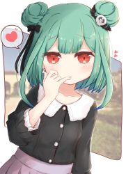 Rule 34 | 1girl, black shirt, blush, closed mouth, collarbone, collared shirt, colored tips, commentary request, double bun, finger to mouth, green hair, hair bun, hair ornament, hand up, heart, highres, hololive, light smile, long sleeves, multicolored hair, pleated skirt, purple skirt, red eyes, ridy (ri sui), shirt, skirt, skull hair ornament, solo, spoken heart, uruha rushia, virtual youtuber